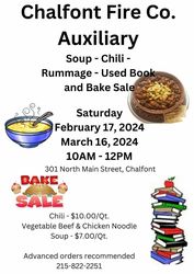 Chalfont Fire Company Auxiliary Soup, Chili, Rummage, Used Book and Bake Sale