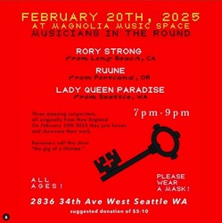 Musicians In The Round, featuring Lady Queen Paradise (SEA), Ruune (PDX), and Rory Strong (SAN)