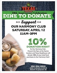 "Dine To Donate" fundraiser on Saturday April12 at Texas Road - to benefit Our Harmony Club
