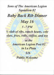 Baby Back Rib Dinner hosted by the Sons of The American Legion Squadron 82