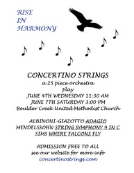 Concertino Strings: Rise in Harmony  June 4, 11:30 am, June 7th, 3 pm Boulder Creek United Methodist