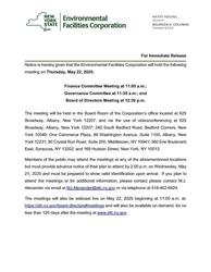 Notice of May 22, 2025 Meetings of the NYS Environmental Facilities Board & Committees