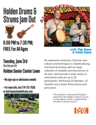 All ages free hand drumming and ukulele music jam June 3, 6-7:30 pm