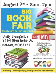 BIG BOOK FAIR Saturday, Aug. 2, 2025, Unity Evangelical Lutheran Church, Bel-Nor, MO