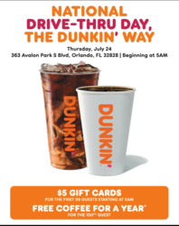 Orlando Dunkin’® Store Celebrates National Drive-Thru Day with Free Coffee for a Year Giveaway