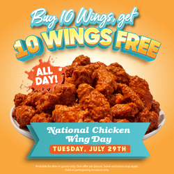 Hooters Celebrates National Chicken Wing Day with a Buy 10, Get 10 for Free Deal