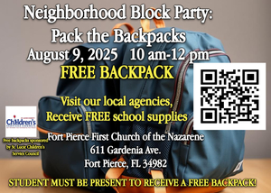 Neighborhood Block Party: Pack the Backpacks Back to School Event: Free Backpacks/School supplies