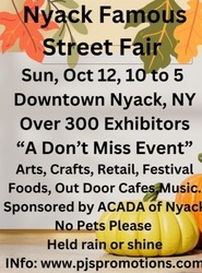 Nyack Famous Street Fair, Sun. Oct 12 Over 300 Exhibitors Ultimate Shopping Event Downtown, Nyack NY