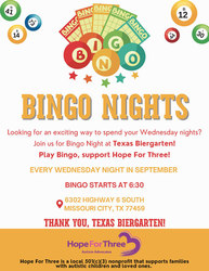 Every Wednesday in September, Bingo Nights, Texas Biergarten, Missouri City, 6:30p, support autism!