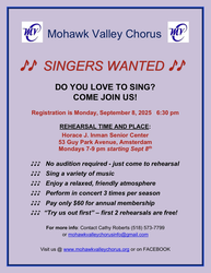 Singers wanted for Mohawk Valley Chorus!  Monday, Sept 8, 6:30 pm, Inman Senior Center in Amsterdam