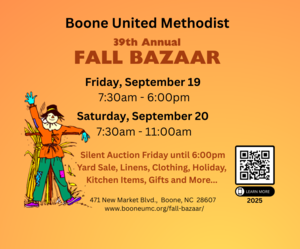 FALL BAZAAR, BOONE UNITED METHODIST CHURCH, SEPT 19-20, 471 New Market Blvd, Boone, NC