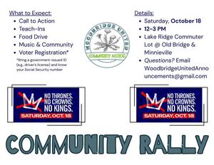 Woodbridge United NO KINGS Community Rally, Sat Oct 18 from 12-3, Lake Ridge Commuter Lot