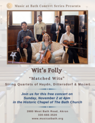 Music at Bath FREE Concert Series / Wit's Folly String Quartet Sunday Nov 2 The Bath Church UCC