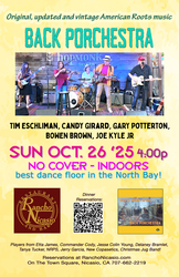 Back pOrchEstra: American Roots Dance Party at Rancho Nicasio, Oct 26, Sunday Aft, 4:00-6:30