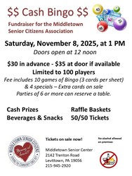 Middletown Senior Center Fall Cash Bingo Fundraiser