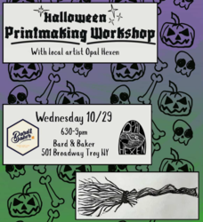 Halloween Block Printing Workshop with Local Artist Opal Hexen at Bard & Baker