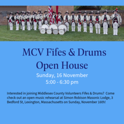 Middlesex County Volunteers Fifes & Drums Open House in Lexington, MA on Sunday, 16 November
