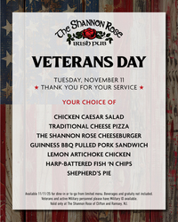 Veterans Eat Free at The Shannon Rose in NJ