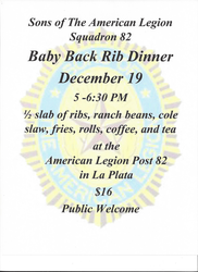 Baby Back rib dinner hosted by Sons of The American Legion Squadron 82