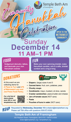 Hanukkah Celebration at Temple Beth Am Framingham Sunday December 14 11 AM