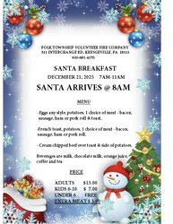 Polk Township Volunteer Fire Company-Santa Breakfast-Dec 21, 2025- 7AM-11AM - Santa arrives @ 8AM