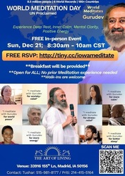 World Meditates with Gurudev Dec 21 8:30-10 AM Community Room 33916 155th Lane, Madrid Hindu Temple