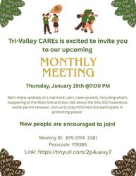 Tri-Valley CAREs is excited to invite you to our upcoming Monthly Meeting