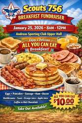 All You Can Eat Breakfast prepared and served by Scout Troop #756 at Andreas Sporting Club