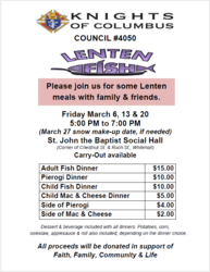 Knights of Columbus Council 4050 Lenten Fish Bake - March 13, 2026, 5PM to 7PM
