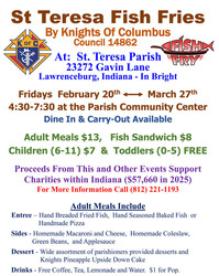 St Teresa Fish Fries - Fridays February 20th through March 27th -  4:30 till 7:30