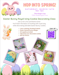 Hop Into Spring Royal Icing Cookie Decorating Class, 3/14/26, 10 am King's Cup Cafe 7300 Washington.