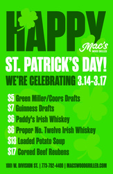 St. Patrick’s Day Specials at Mac’s Wood Grilled