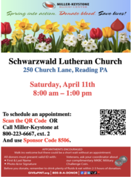 Be a Hero...Give Blood! Schwarzwald Lutheran Church Blood Drive, April 11, Exeter Township