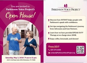 Join us for Open House at Parkinson Voice Project on May 2nd, 2026 from 9:00 am to 12:00 pm