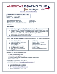 America's Boating Course (ABC) Best Boating Basics April 11, 18, 25, May 2 Eagles Club Racine
