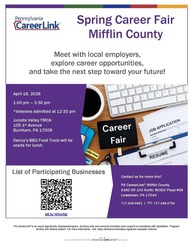 PA CareerLink® Mifflin County's Spring Career Fair on April 16th at the Juniata Valley YMCA !