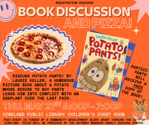 Book Discussion and Pizza (Ages 6-8) at the Vineland Public Library- May 21st 6:00pm-7:00pm
