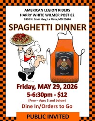 Spaghetti Dinner - Friday, May 29, 2026 (American Legion Post 82, La Plata, MD)