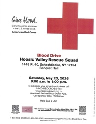 Hoosic Valley Rescue Squad Blood Drive, May 23, 9AM-1PM