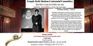Temple Beth Sholom Centennial Committee presents: Sheryl Faye as Ruth Bader Ginsburg in "I Dissent"