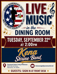 Live Music (Kena Shrine Band) at Paramount Senior Living at Manassas (Tues Sept 22, 2026) - FREE
