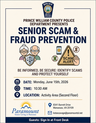 Senior Scam & Fraud Protection Lecture at Paramount Senior Living at Manassas (Mon 6/15/2026) - FREE