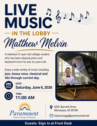 Live Music (Matthew Melvin) at Paramount Senior Living at Manassas (Saturday June 6, 2026) - FREE