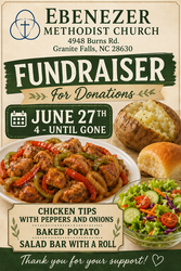 Ebenezer Methodist Church Missions Supper Fundraiser June 27, 4-7:00 p.m.