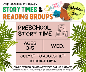 Preschool Story Time at the Vineland Public Library- July 29th, 10-10:45am