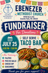 Taco Bar Fundraiser, Saturday, July 25, 4-7 PM, Ebenezer MC, 4948 Burns Rd., G. F.