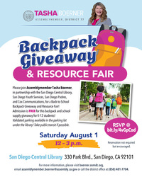 Assemblymember Tasha Boerner's Annual Backpack Giveaway & Resource Fair
