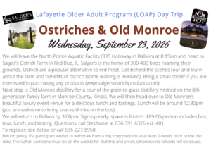 Lafayette Older Adult Program Day Trip - Ostriches & Old Monroe