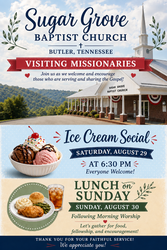 Sugar Grove Baptist Church of Butler Missions Conference, Aug 29 (6:30 p.m.) & 30 (11:00 a.m.)