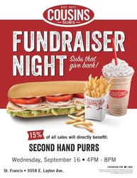 Cousins Subs Fundraiser Wednesday, September 16, Benefiting Second Hand Purrs